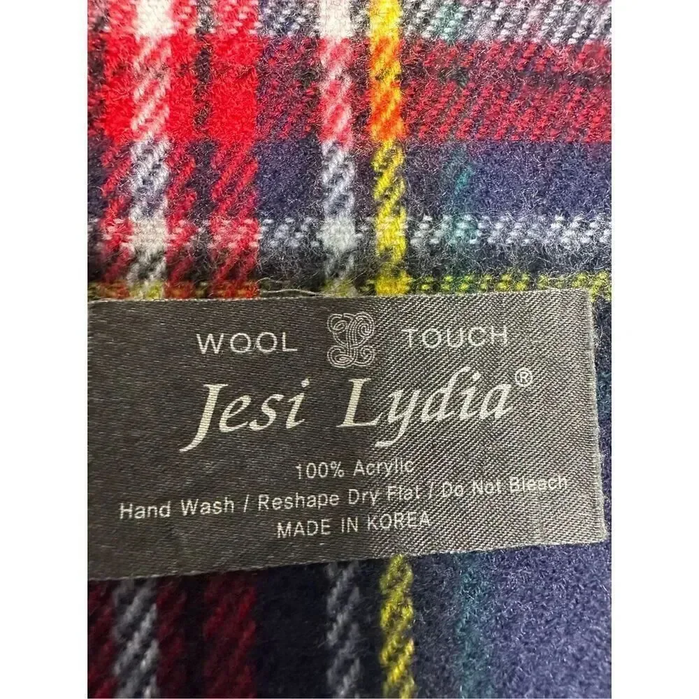 Jesi Lydia Wool Touch Plaid Scarf Shawl Blue Red Size 30” X 70”
